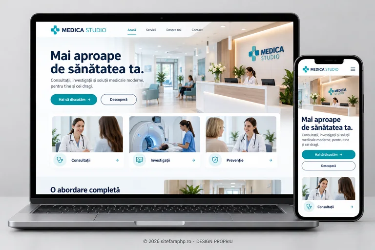 Concept de website pentru Clinici medicale, afișat pe laptop și mobil