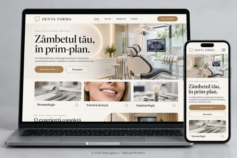 Concept de website Denta Forma pentru clinici medicale, prezentat pe laptop și mobil