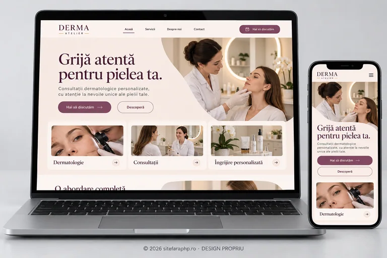 Concept de website Derma Atelier pentru clinici medicale, prezentat pe laptop și mobil