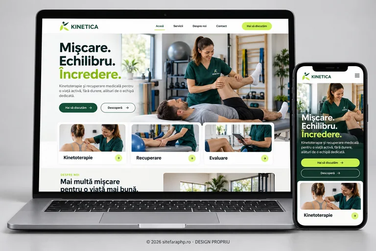 Concept de website Kinetica pentru clinici medicale, prezentat pe laptop și mobil