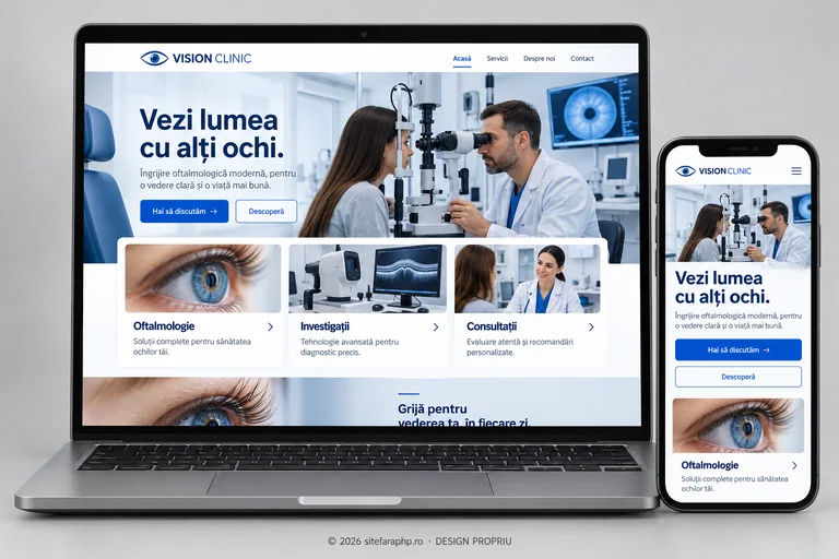 Concept de website Vision Clinic pentru clinici medicale, prezentat pe laptop și mobil