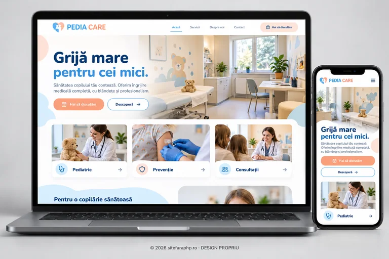 Concept de website Pedia Care pentru clinici medicale, prezentat pe laptop și mobil