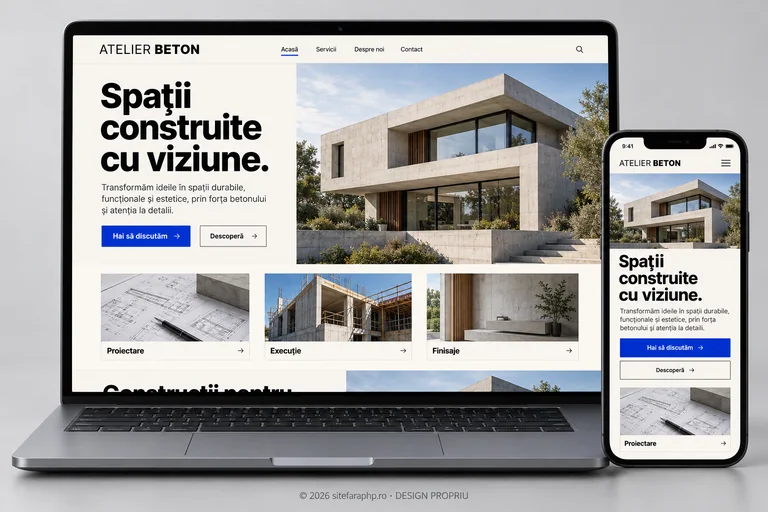 Concept de website Atelier Beton pentru construcții, prezentat pe laptop și mobil