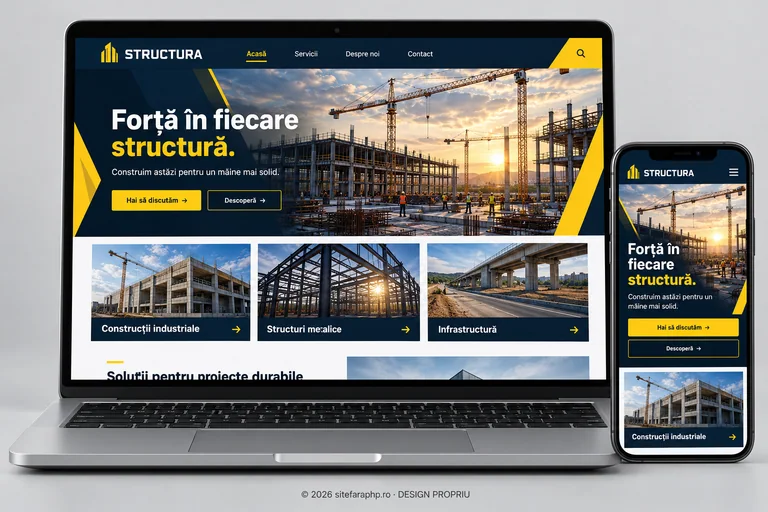 Concept de website Structura pentru construcții, prezentat pe laptop și mobil