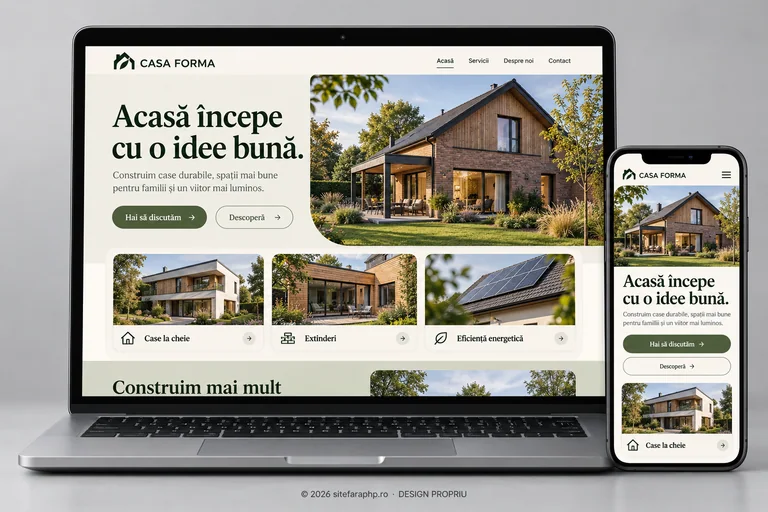 Concept de website Casa Forma pentru construcții, prezentat pe laptop și mobil