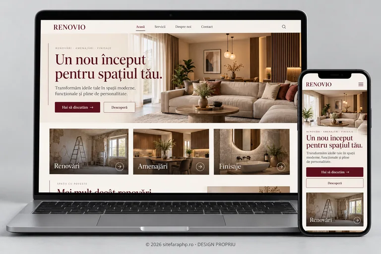 Concept de website Renovio pentru construcții, prezentat pe laptop și mobil