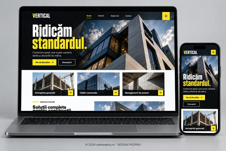 Concept de website Vertical pentru construcții, prezentat pe laptop și mobil