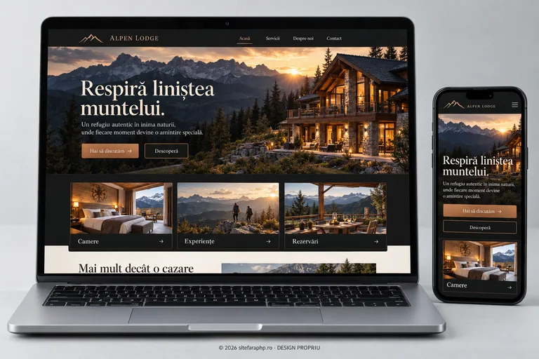 Concept de website pentru Hoteluri și pensiuni, afișat pe laptop și mobil