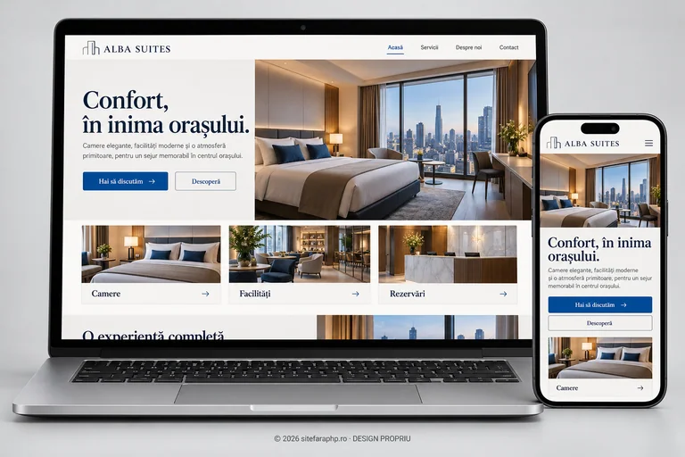 Concept de website Alba Suites pentru hoteluri și pensiuni, prezentat pe laptop și mobil