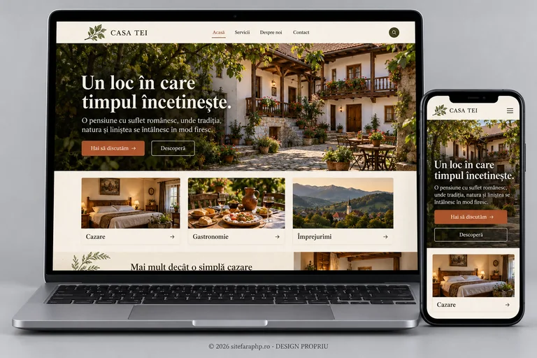 Concept de website Casa Tei pentru hoteluri și pensiuni, prezentat pe laptop și mobil
