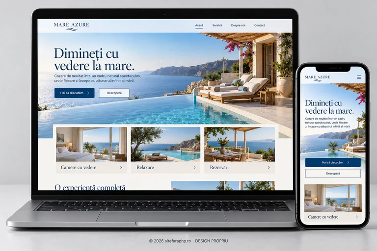 Concept de website Mare Azure pentru hoteluri și pensiuni, prezentat pe laptop și mobil
