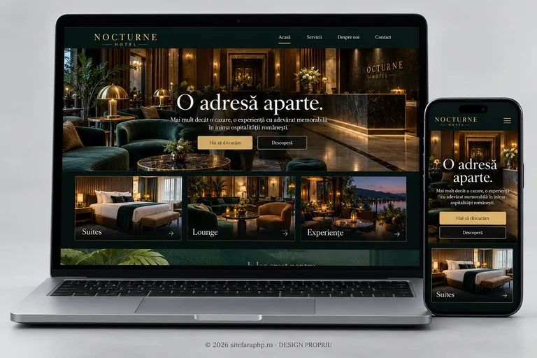 Concept de website Nocturne Hotel pentru hoteluri și pensiuni, prezentat pe laptop și mobil