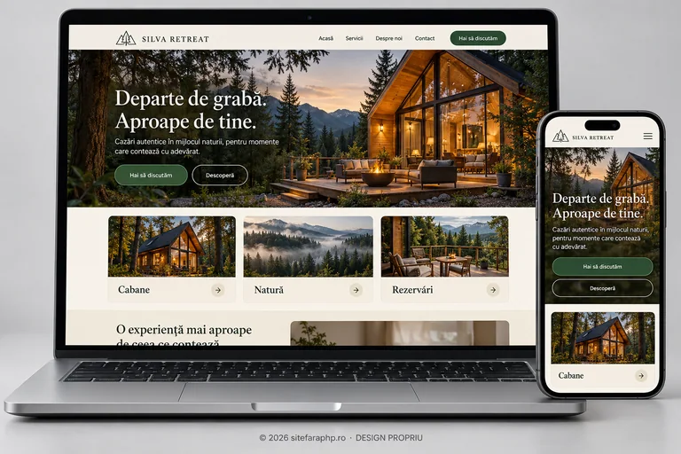 Concept de website Silva Retreat pentru hoteluri și pensiuni, prezentat pe laptop și mobil