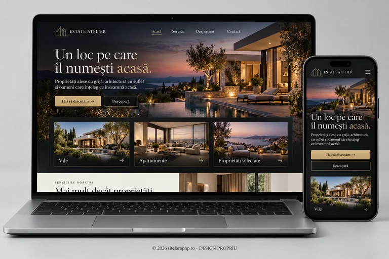 Concept de website pentru Imobiliare, afișat pe laptop și mobil