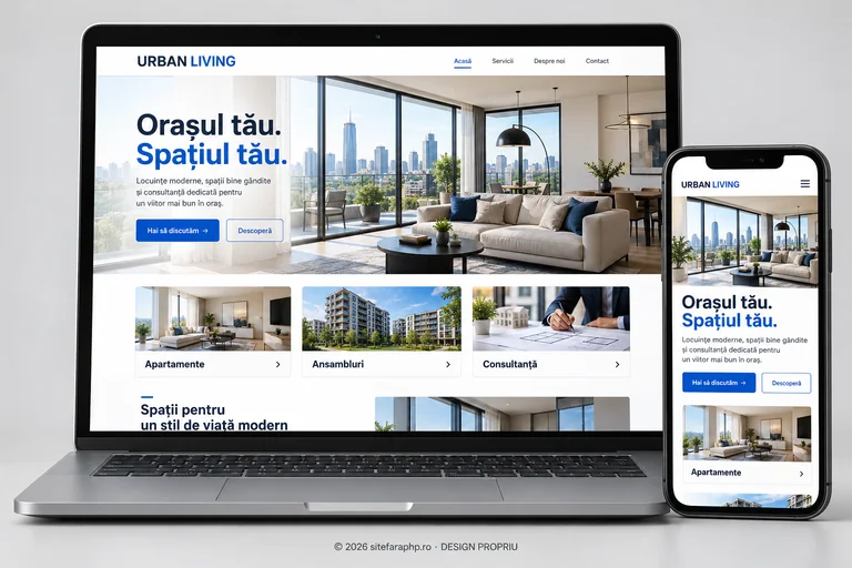 Concept de website Urban Living pentru imobiliare și arhitectură, prezentat pe laptop și mobil