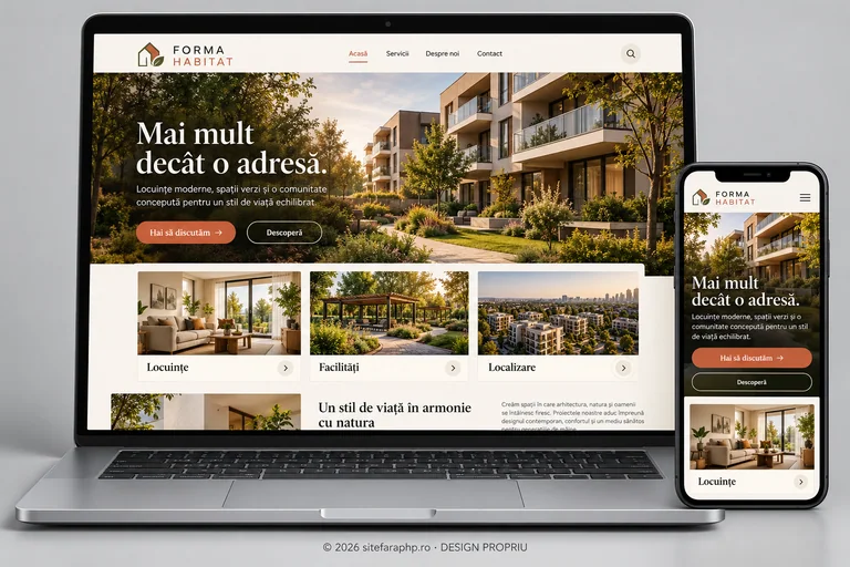 Concept de website Forma Habitat pentru imobiliare și arhitectură, prezentat pe laptop și mobil
