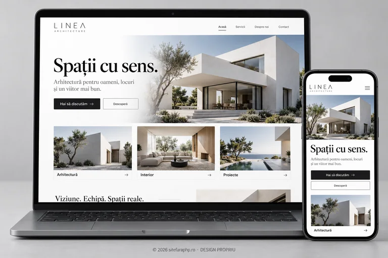 Concept de website Linea Architecture pentru imobiliare și arhitectură, prezentat pe laptop și mobil