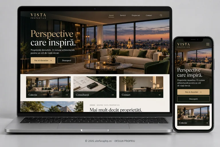 Concept de website Vista Properties pentru imobiliare și arhitectură, prezentat pe laptop și mobil
