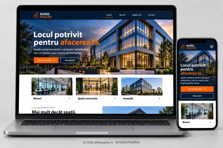 Concept de website Nord Spaces pentru imobiliare și arhitectură, prezentat pe laptop și mobil