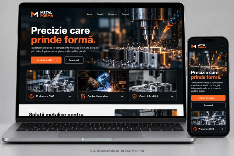 Concept de website Metal Forma pentru industrie și producție, prezentat pe laptop și mobil
