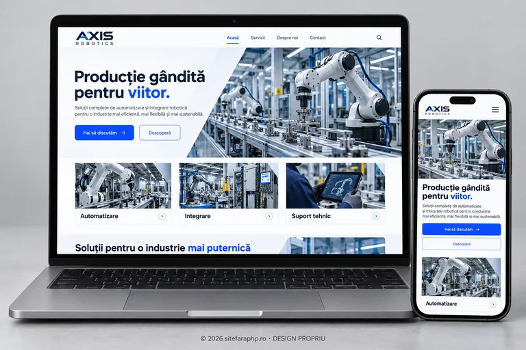 Concept de website Axis Robotics pentru industrie și producție, prezentat pe laptop și mobil