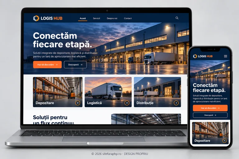 Concept de website Logis Hub pentru industrie și producție, prezentat pe laptop și mobil