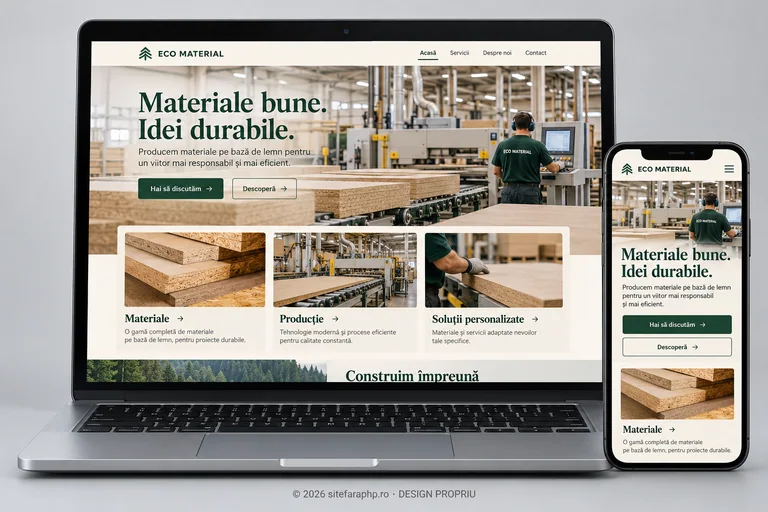 Concept de website Eco Material pentru industrie și producție, prezentat pe laptop și mobil