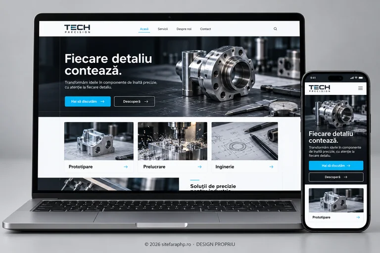 Concept de website Tech Precision pentru industrie și producție, prezentat pe laptop și mobil