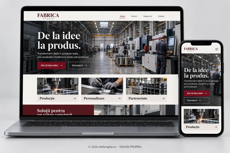 Concept de website Fabrica Studio pentru industrie și producție, prezentat pe laptop și mobil
