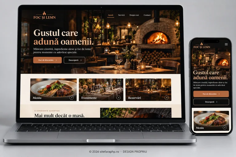 Concept de website pentru Restaurante, afișat pe laptop și mobil