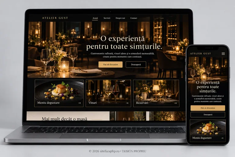 Concept de website Atelier Gust pentru restaurante, prezentat pe laptop și mobil