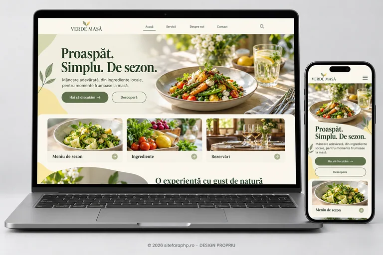 Concept de website Verde Masă pentru restaurante, prezentat pe laptop și mobil