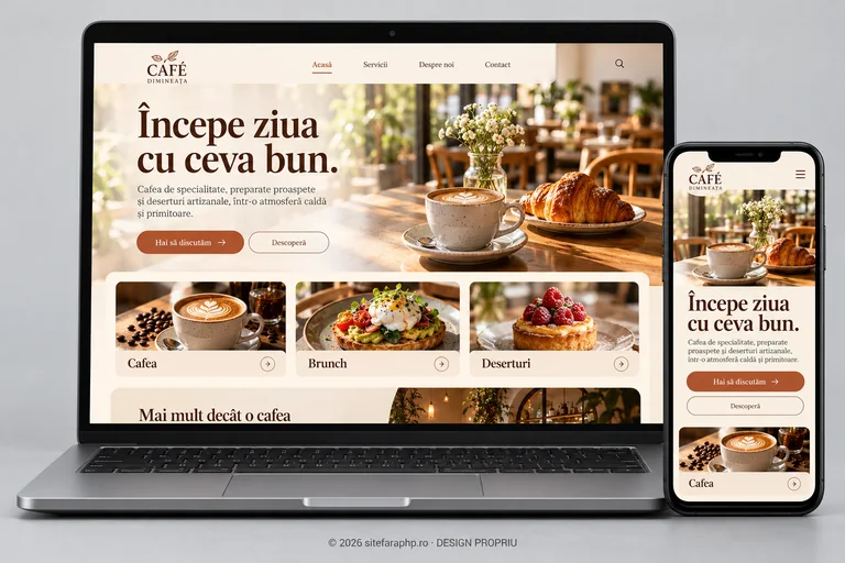 Concept de website Café Dimineața pentru restaurante, prezentat pe laptop și mobil