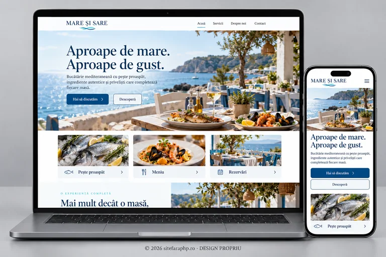Concept de website Mare și Sare pentru restaurante, prezentat pe laptop și mobil