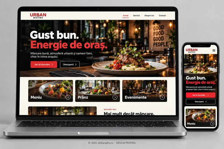 Concept de website Urban Bistro pentru restaurante, prezentat pe laptop și mobil