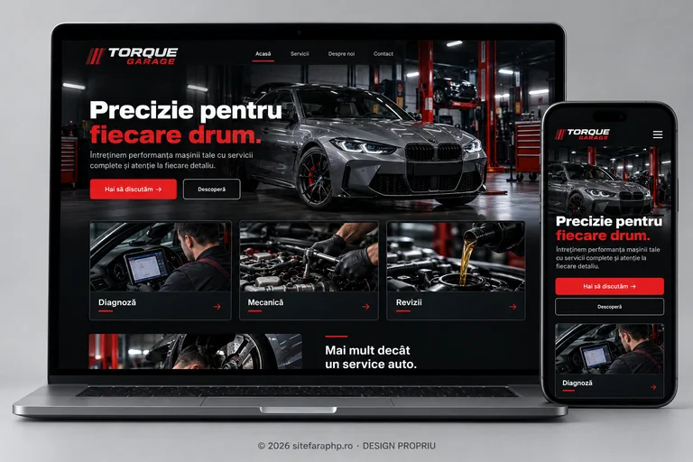 Concept de website pentru Service auto, afișat pe laptop și mobil