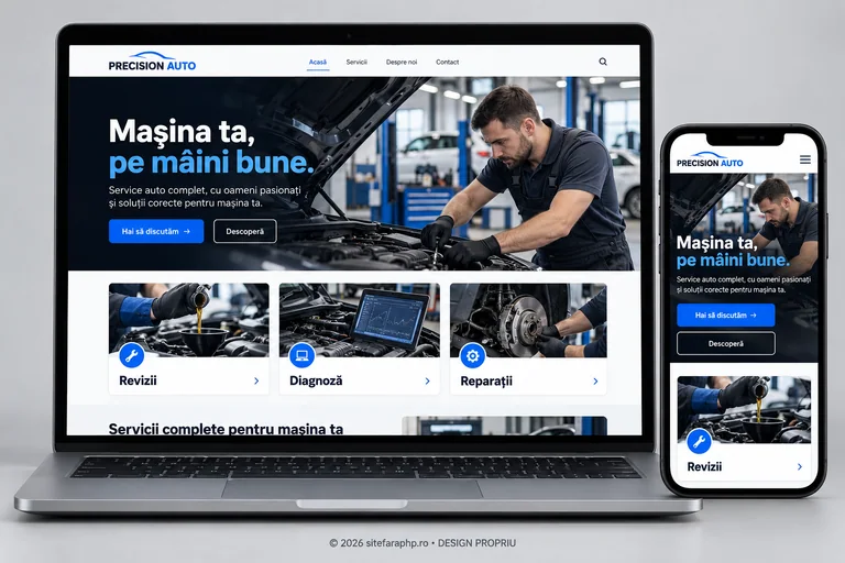 Concept de website Precision Auto pentru service auto, prezentat pe laptop și mobil
