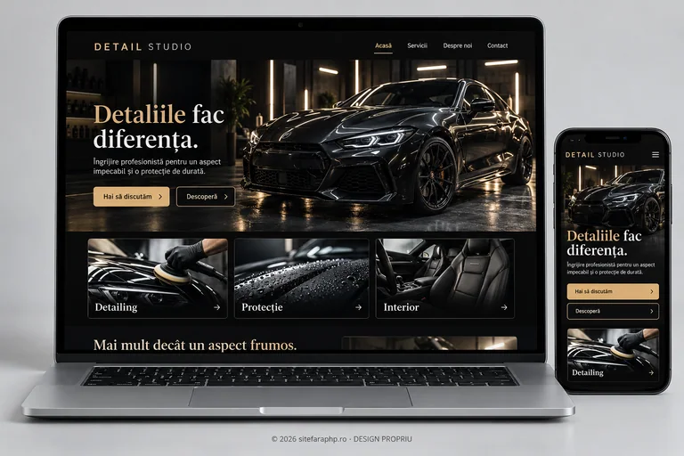 Concept de website Detail Studio pentru service auto, prezentat pe laptop și mobil