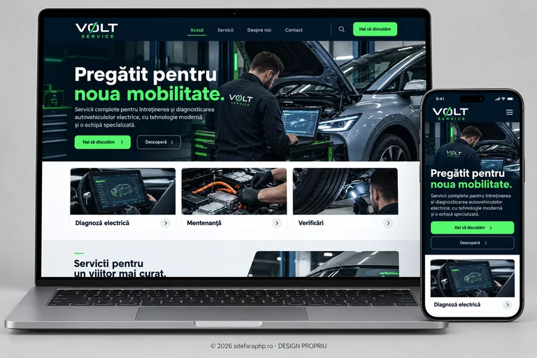 Concept de website Volt Service pentru service auto, prezentat pe laptop și mobil