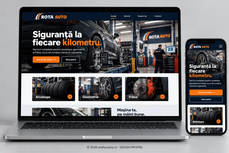 Concept de website Rota Auto pentru service auto, prezentat pe laptop și mobil