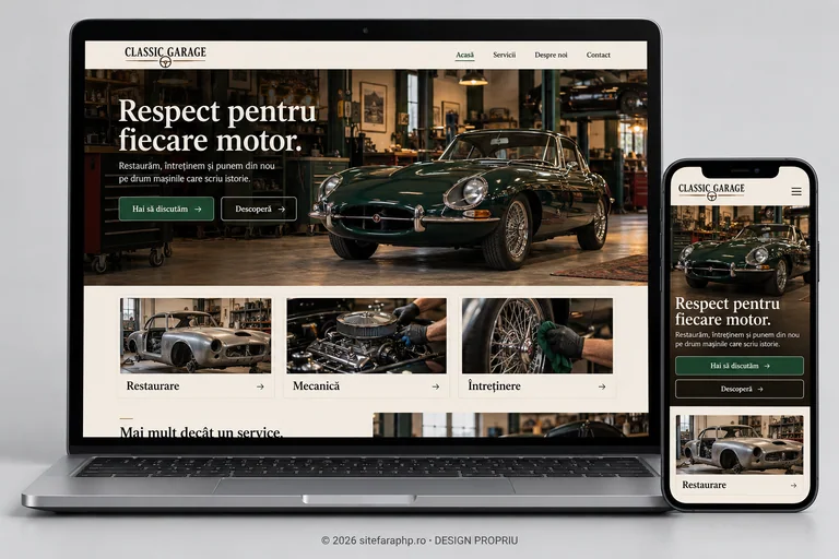 Concept de website Classic Garage pentru service auto, prezentat pe laptop și mobil