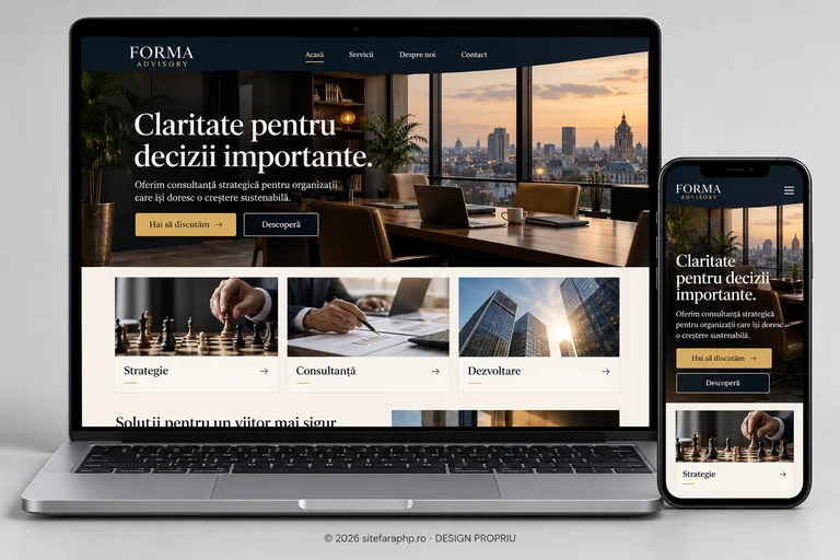Concept de website Forma Advisory pentru servicii profesionale, prezentat pe laptop și mobil