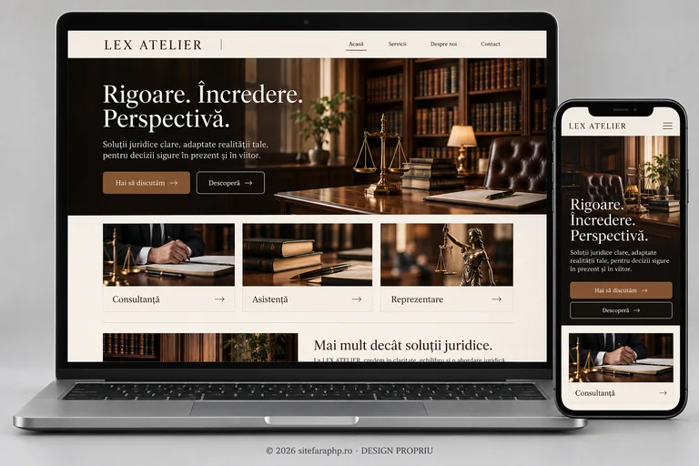 Concept de website Lex Atelier pentru servicii profesionale, prezentat pe laptop și mobil