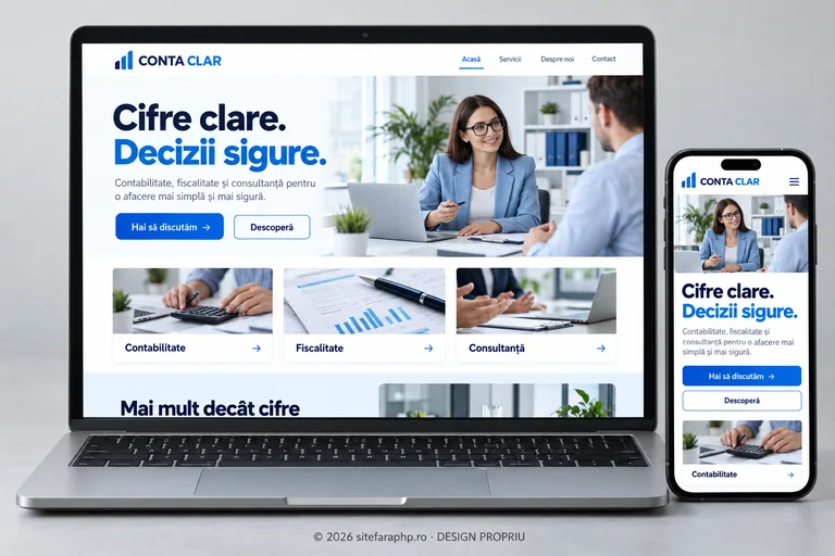 Concept de website Conta Clar pentru servicii profesionale, prezentat pe laptop și mobil