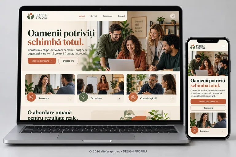 Concept de website People Studio pentru servicii profesionale, prezentat pe laptop și mobil