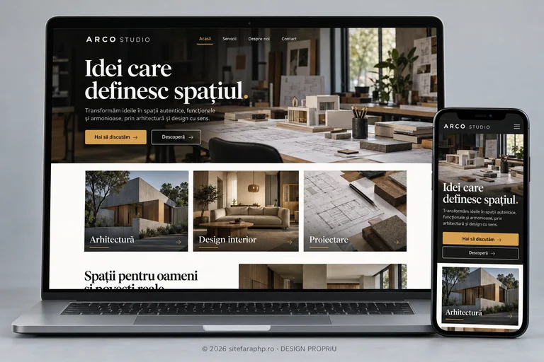 Concept de website Arco Studio pentru servicii profesionale, prezentat pe laptop și mobil