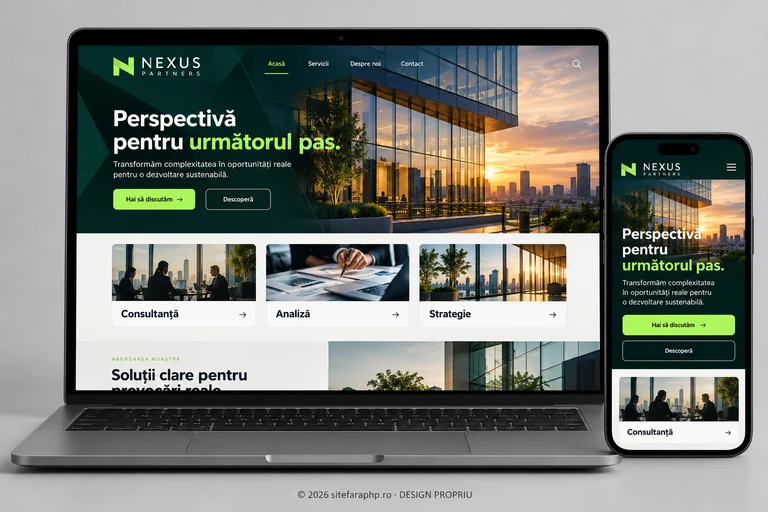 Concept de website Nexus Partners pentru servicii profesionale, prezentat pe laptop și mobil