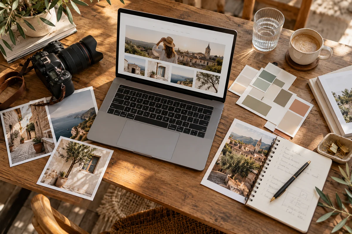 Ilustrație editorială: masă de lucru cu fotografii, mostre de culoare și materiale pentru un website