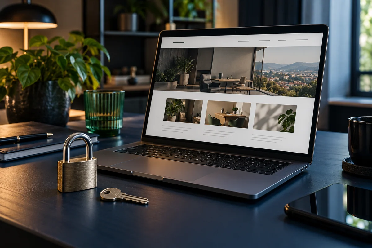 Concept vizual: website de prezentare pe laptop, lângă un lacăt și o cheie