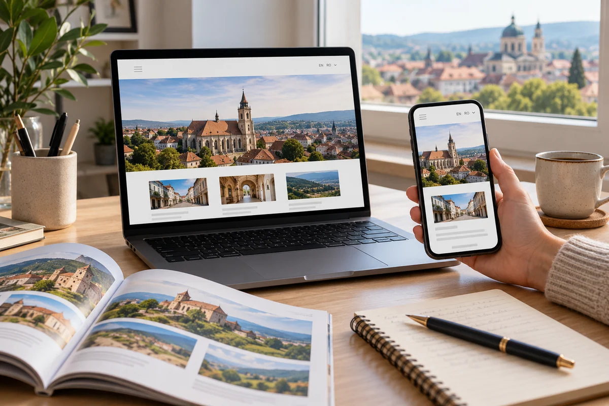 Ilustrație editorială: aceeași prezentare de afaceri pe laptop și telefon, pregătită pentru mai multe limbi